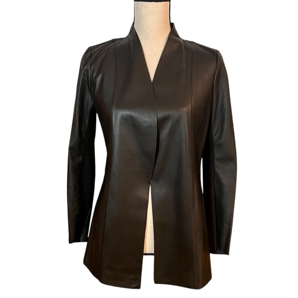 Elaine Kim Elegant Black Leather Open Jacket Sz-Petite